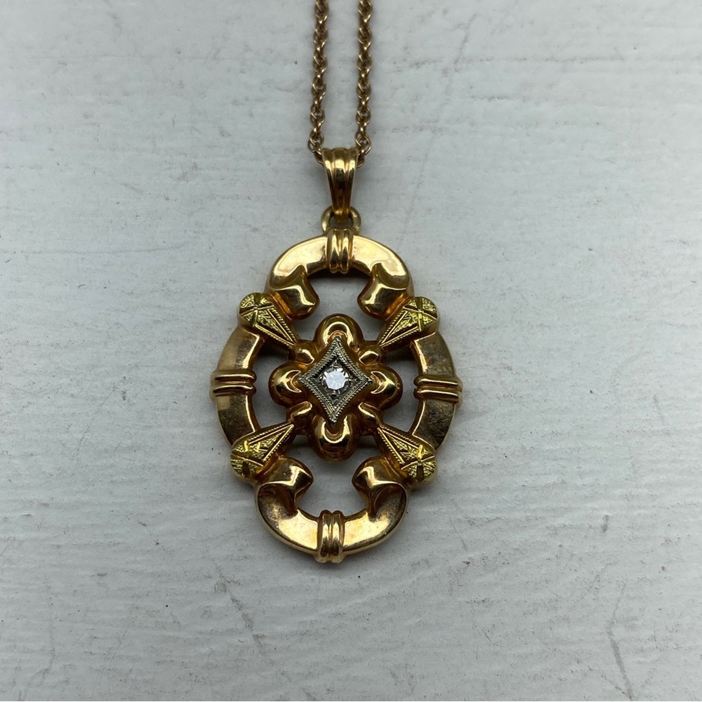 14k & 18K Solid Yellow Gold Art Deco Shield Necklace With 18inch 10k Chain